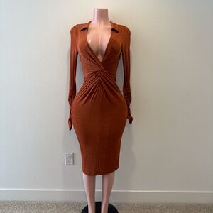 Chic Rust Long Sleeve Midi Dress
